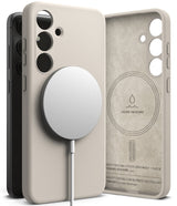 Galaxy S24 Case | Silicone Magnetic - Beige magnetic phone case with a charging puck and interior suede lining view.