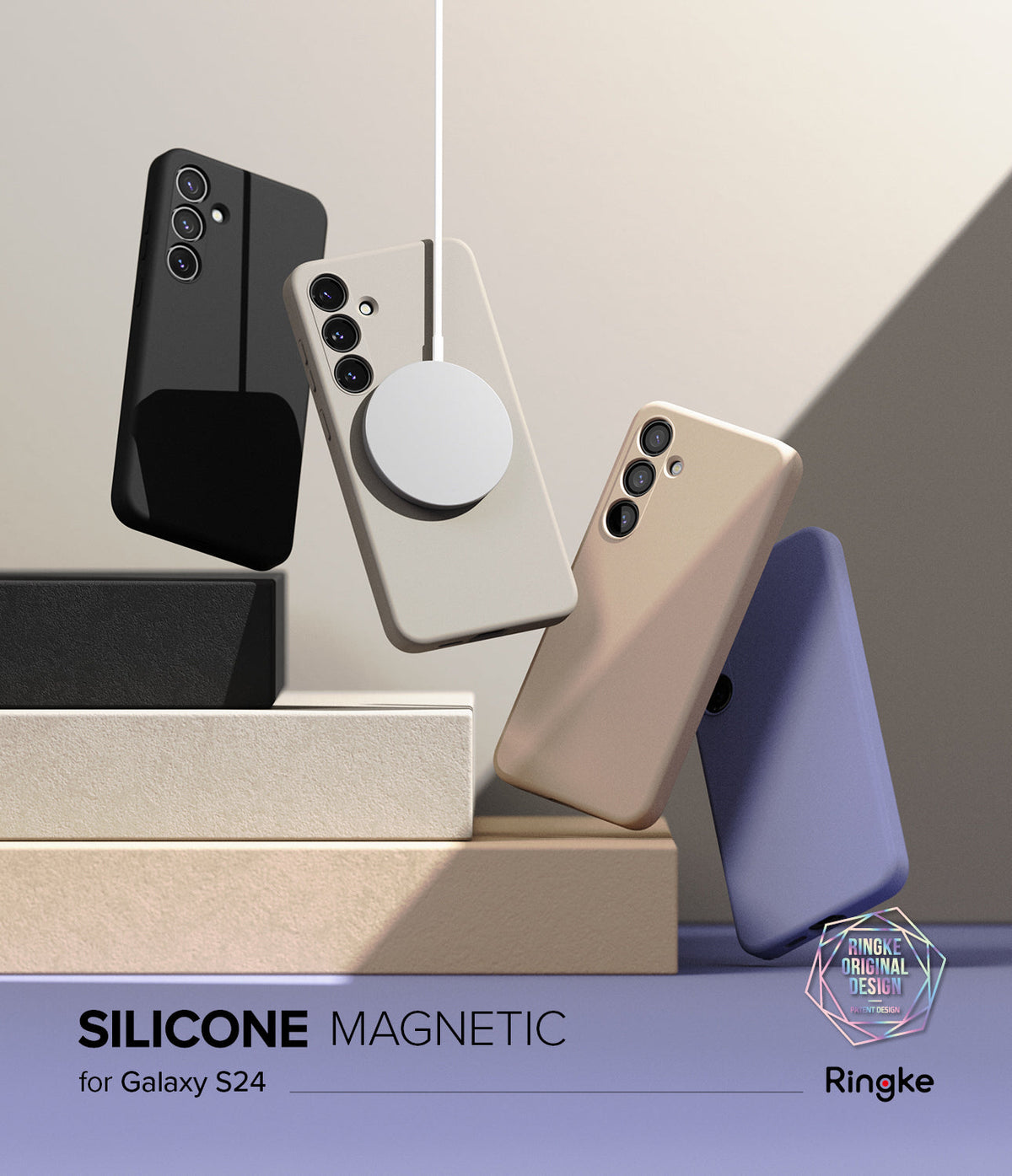 Galaxy S24 Case | Silicone Magnetic - Four colorful Galaxy S24 cases floating above blocks with a magnetic charger attached.