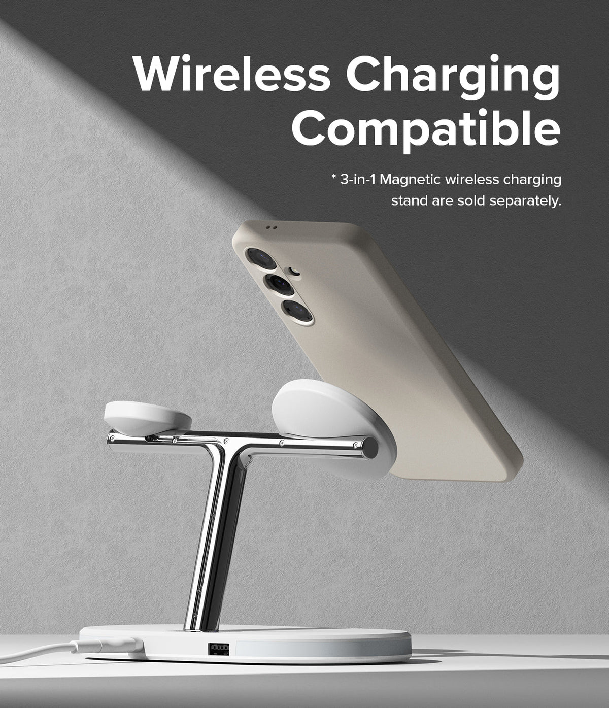 Galaxy S24 Case | Silicone Magnetic - Beige phone case attached to a chrome 3-in-1 magnetic wireless charging stand.