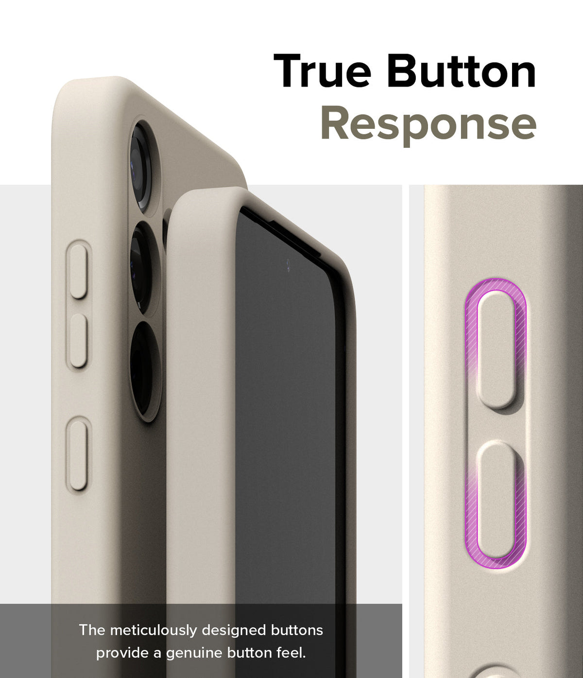 Galaxy S24 Case | Silicone Magnetic - Beige phone case showing tactile, responsive side buttons with purple highlights.