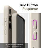 Galaxy S24 Case | Silicone Magnetic - Beige phone case showing tactile, responsive side buttons with purple highlights.
