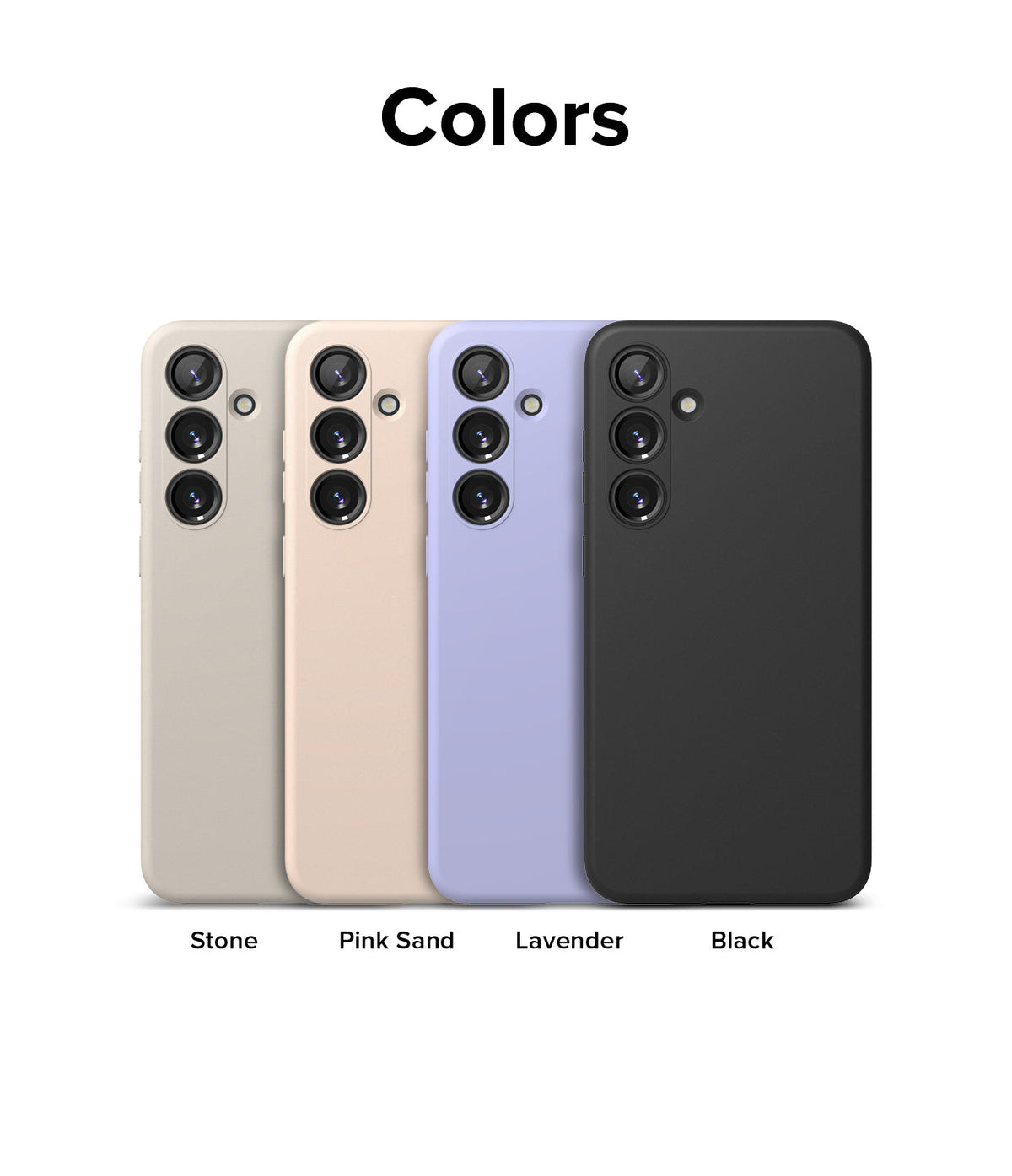 Galaxy S24 Case | Silicone Magnetic - Four Galaxy S24 silicone cases in stone, pink sand, lavender, and black arranged in a row.