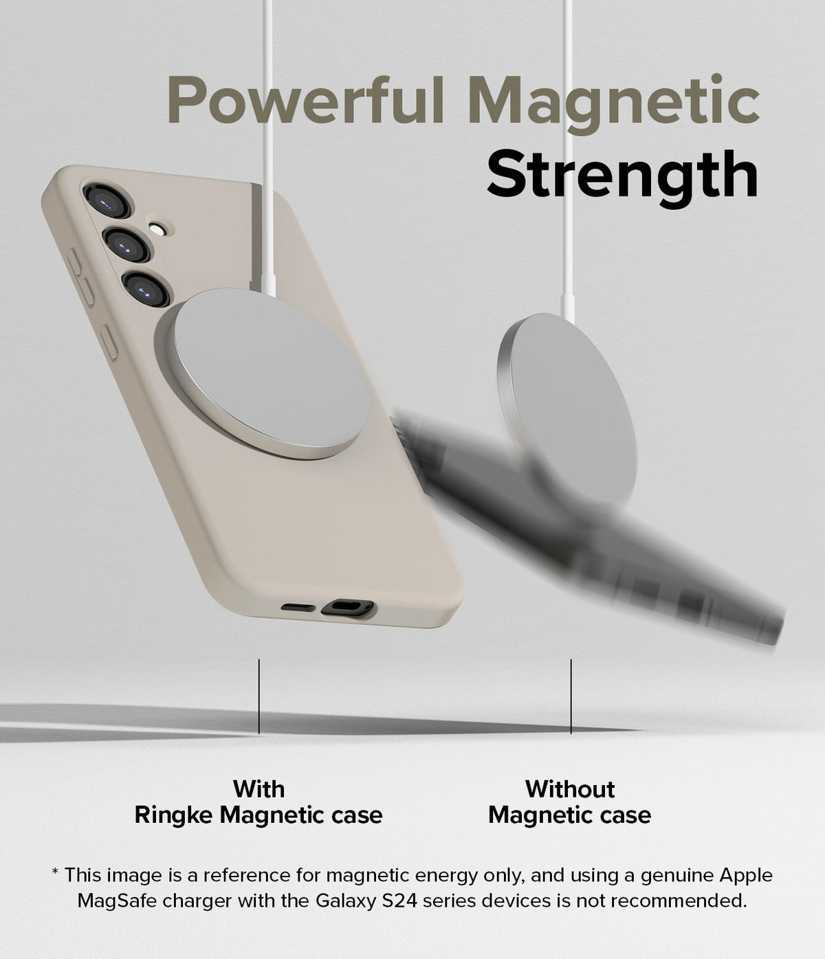 Galaxy S24 Case | Silicone Magnetic - A beige phone case securely attached to a magnetic charger versus a falling phone.