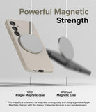 Galaxy S24 Case | Silicone Magnetic - A beige phone case securely attached to a magnetic charger versus a falling phone.