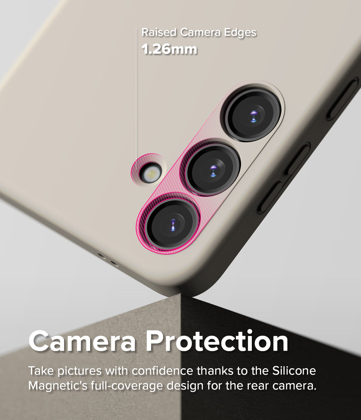 Galaxy S24 Case | Silicone Magnetic - Beige phone case showing 1.26mm raised edges around the rear camera lenses.