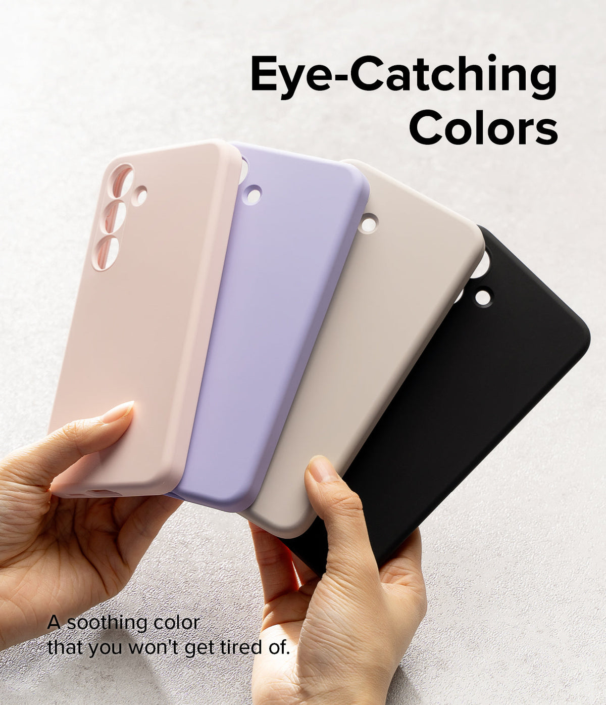Galaxy S24 Case | Silicone Magnetic - Hands holding four Galaxy S24 silicone cases in pink, lavender, beige, and black.