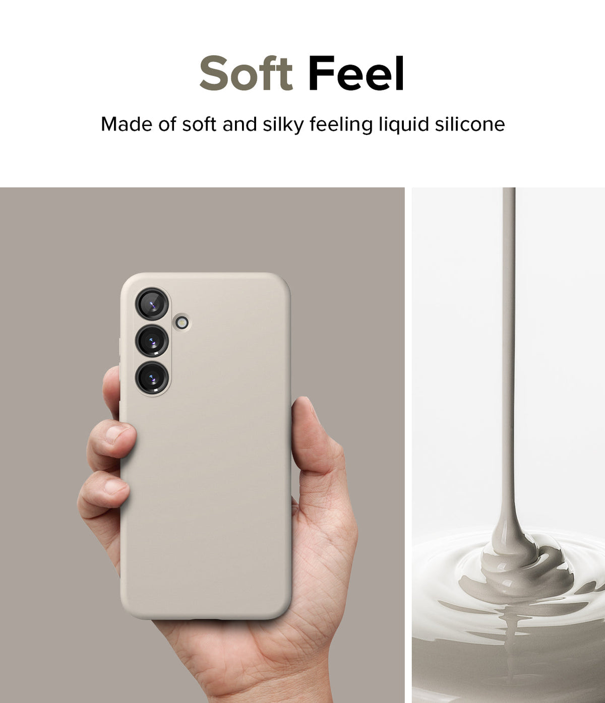 Galaxy S24 Case | Silicone Magnetic - Hand holding a beige phone case next to liquid silicone pouring into a pool.