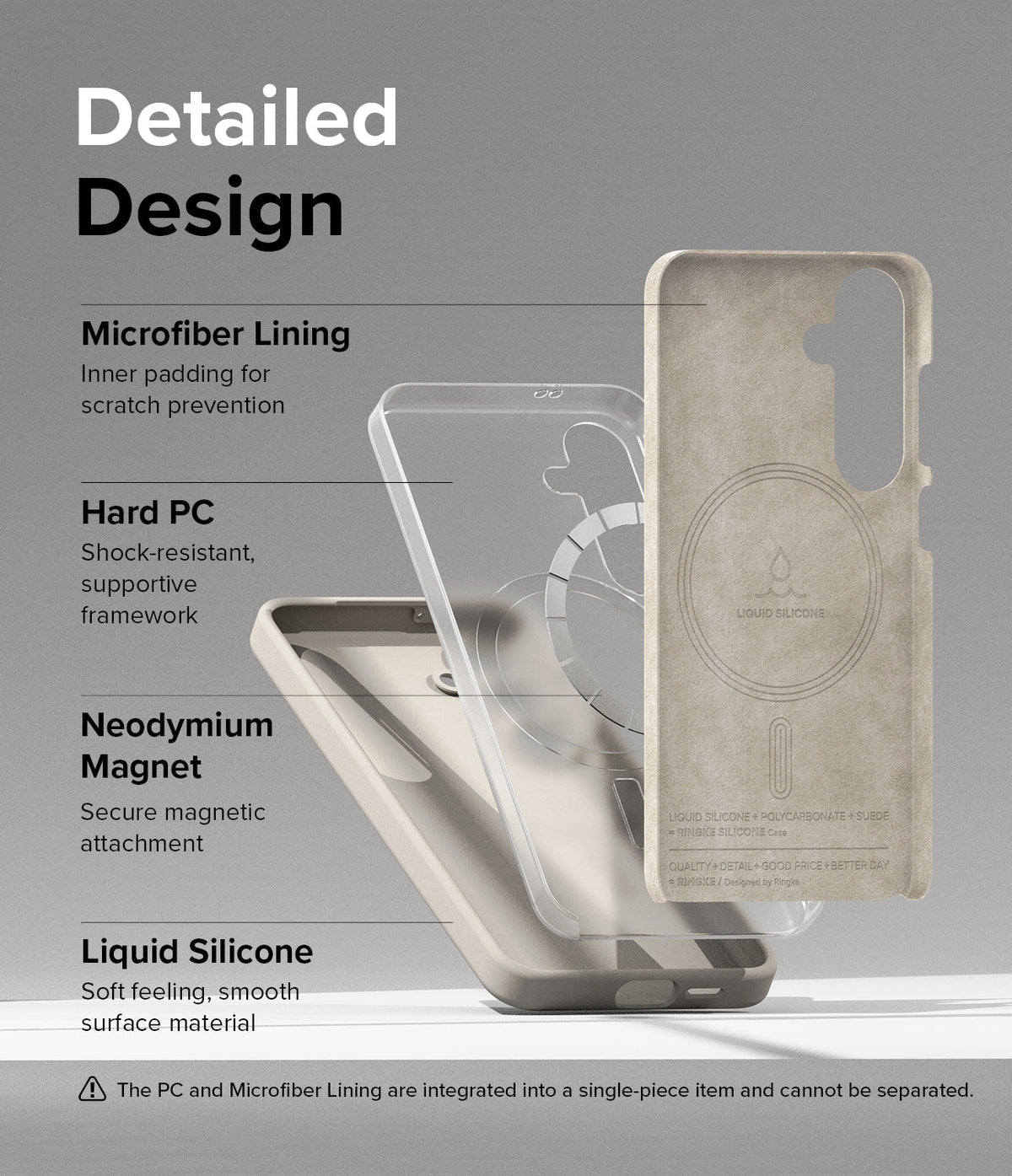 Galaxy S24 Case | Silicone Magnetic - Exploded view showing microfiber lining, hard PC frame, magnets, and silicone shell.