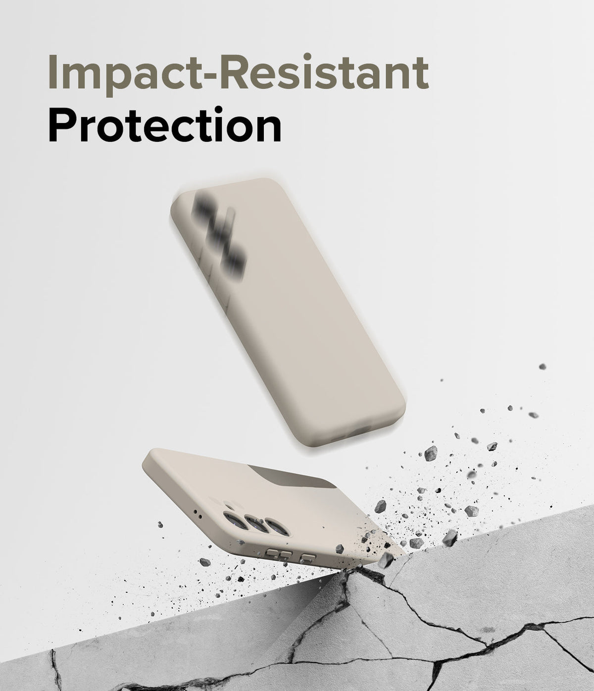 Galaxy S24 Case | Silicone Magnetic - Two beige phone cases floating above a cracked concrete surface with debris.