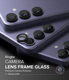 Galaxy S24 Plus Lens Protector | Camera Lens Frame Glass - Galaxy S24 Plus Lens Protector - Three purple Galaxy S24+ phones with black camera lens frame glass protectors installed.