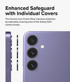 Galaxy S24 Plus Lens Protector | Camera Lens Frame Glass - Galaxy S24 Plus Lens Protector - Three individual black lens covers aligning with the purple Galaxy S24+ camera lenses.