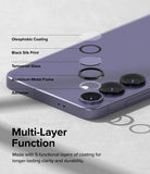 Galaxy S24 Plus Lens Protector | Camera Lens Frame Glass - Galaxy S24 Plus Lens Protector - Exploded view of a camera lens protector showing five layers over a purple smartphone.
