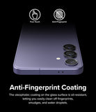 Galaxy S24 Plus Lens Protector | Camera Lens Frame Glass - Galaxy S24 Plus Lens Protector - Purple phone with black camera lens protectors, featuring True Touch and Anti-Fingerprint icons.