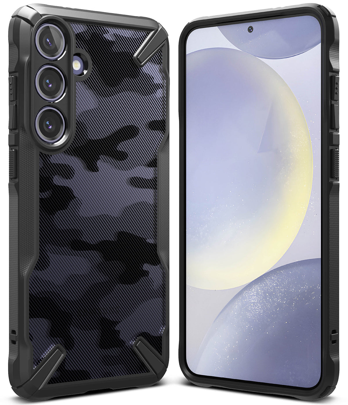 Galaxy S24 Plus Case | Fusion-X - Black camouflage phone case showing back with camera cutout and front screen view.