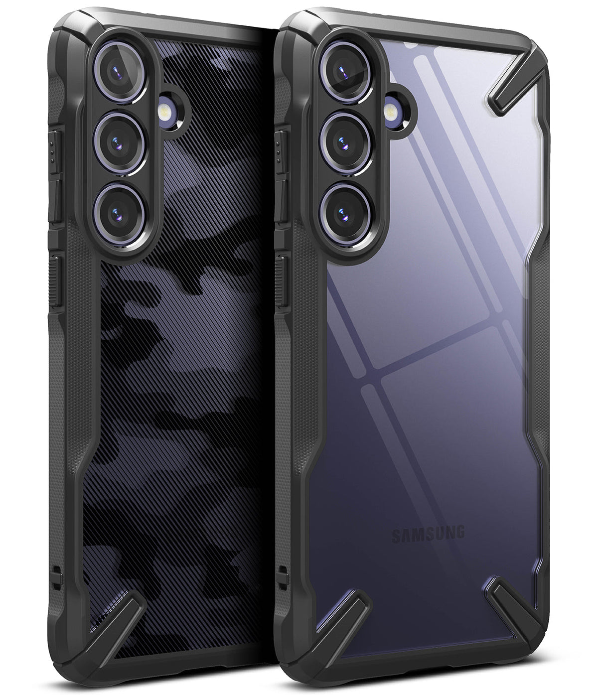 Galaxy S24 Case | Fusion-X - Two Galaxy S24 phones in black Fusion-X cases, one with a camo pattern and one clear, showing camera lenses.