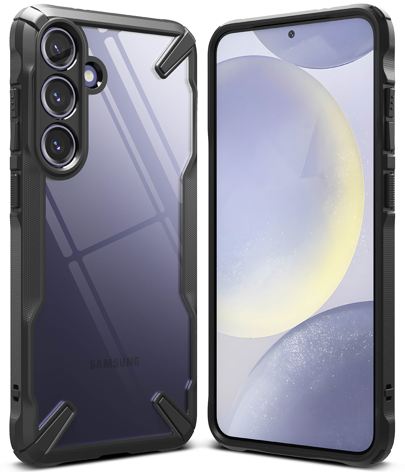 Galaxy S24 Plus Case | Fusion-X - Front and back views of a rugged, clear-backed phone case with black reinforced edges.