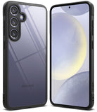 Galaxy S24 Case | Fusion Bold - Front and back views of a black phone case with a clear back panel on a Galaxy S24.