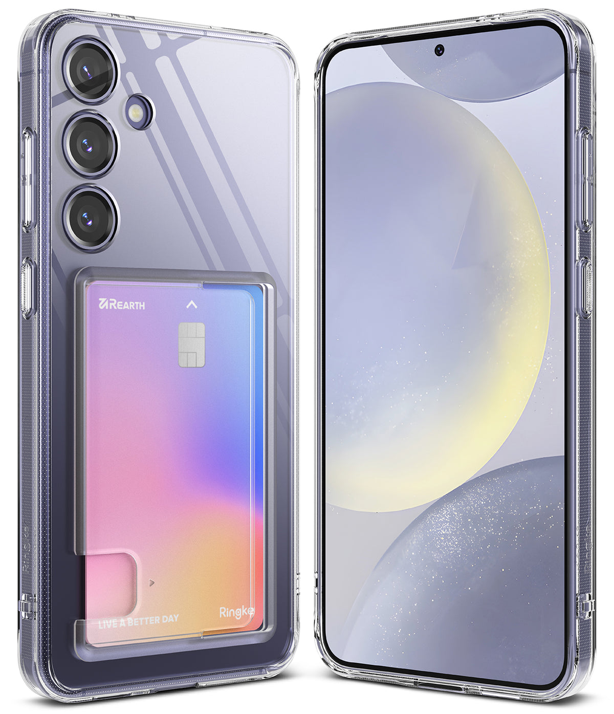 Galaxy S24 Case | Fusion Card - Clear phone case with a rear card slot holding a gradient-colored card, shown from front and back.