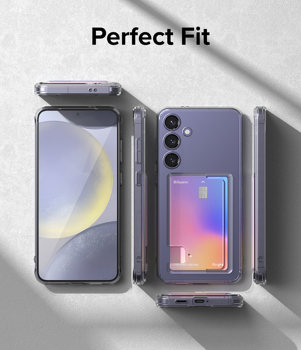 Galaxy S24 Plus Case | Fusion Card - Clear phone case with a card slot holding a colorful card, shown from multiple angles.