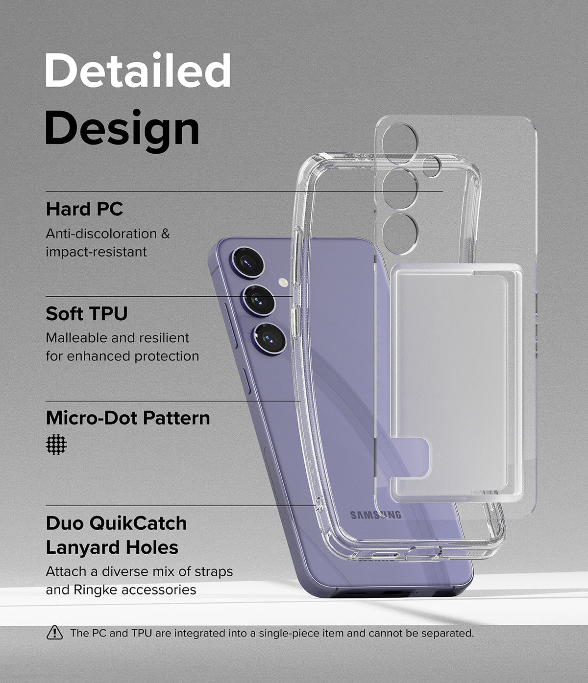 Galaxy S24 Plus Case | Fusion Card - Exploded view of a clear phone case highlighting PC, TPU, and lanyard features.