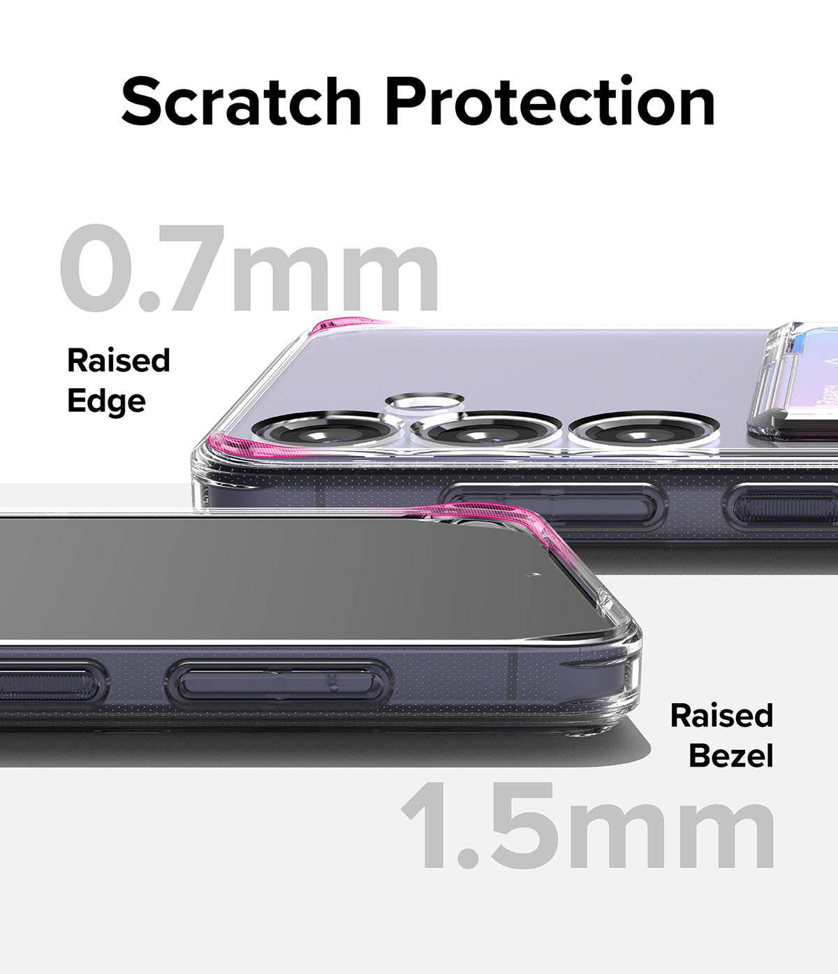 Galaxy S24 Case | Fusion Card - Clear phone case showing 0.7mm raised camera edges and 1.5mm raised screen bezels.