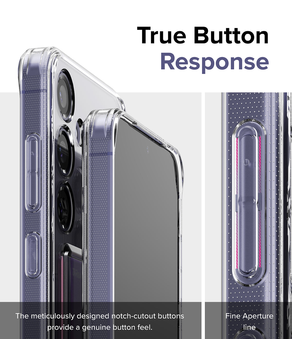 Galaxy S24 Case | Fusion Card - Close-up of clear phone case buttons with notch cutouts for tactile response and fine aperture.