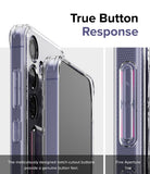 Galaxy S24 Case | Fusion Card - Close-up of clear phone case buttons with notch cutouts for tactile response and fine aperture.