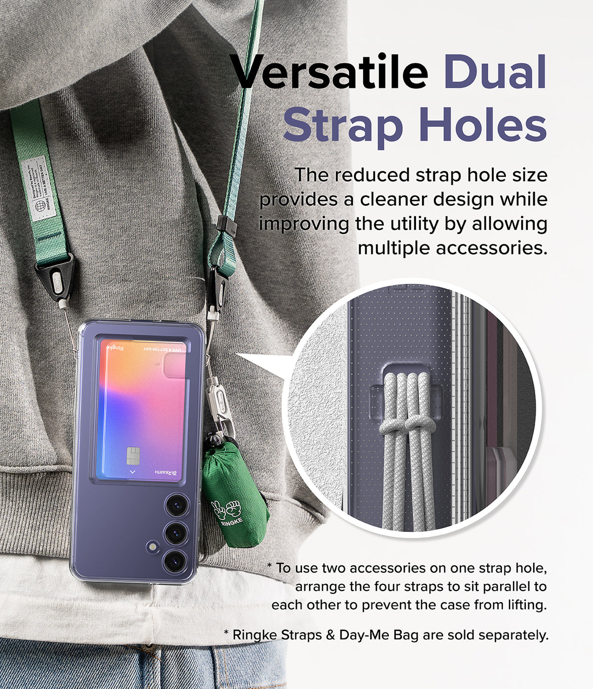 Galaxy S24 Plus Case | Fusion Card - Phone case with dual strap holes holding a card, green strap, and small accessory.