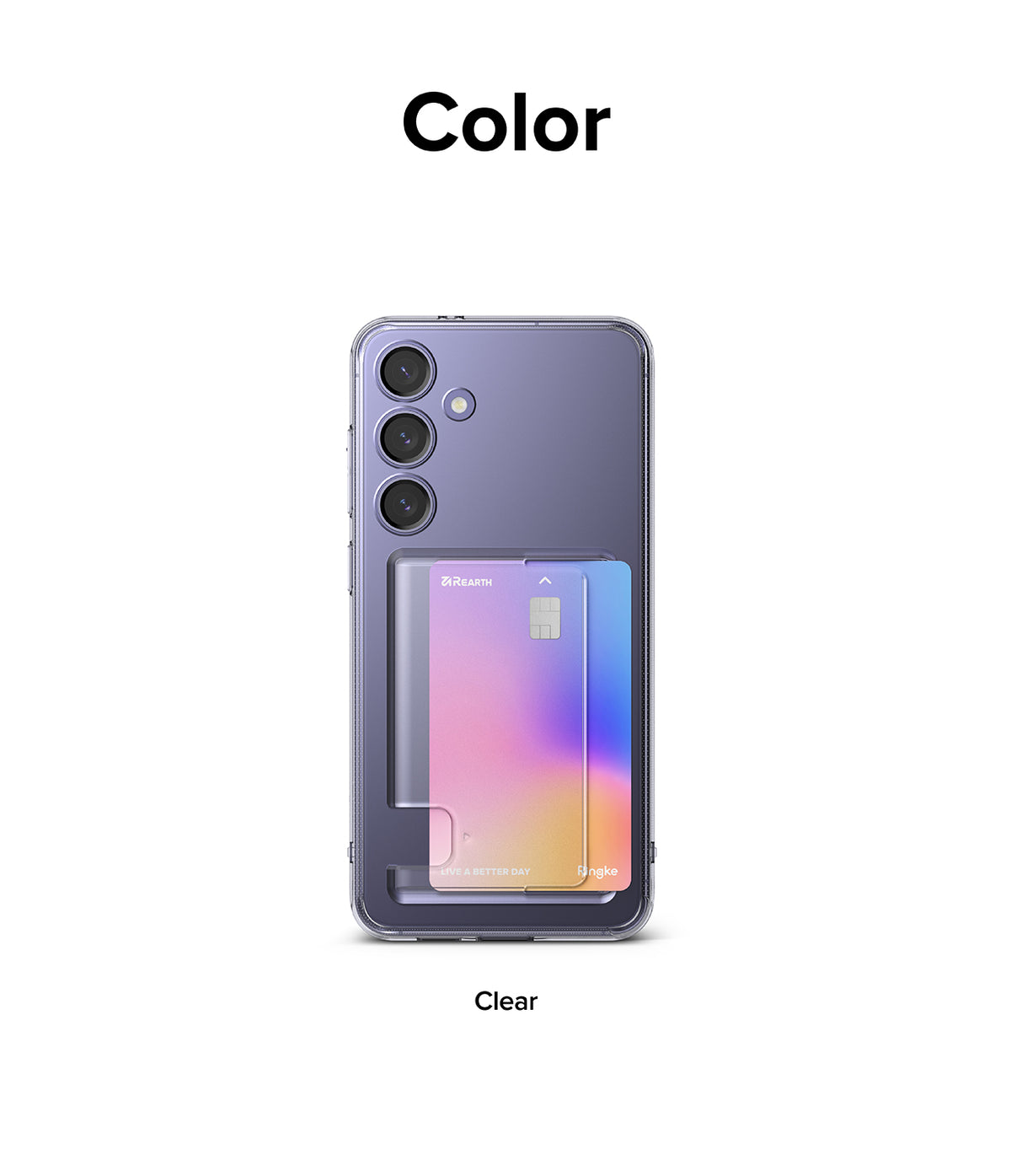 Galaxy S24 Case | Fusion Card - Clear phone case on a purple Galaxy S24 holding a colorful gradient credit card.