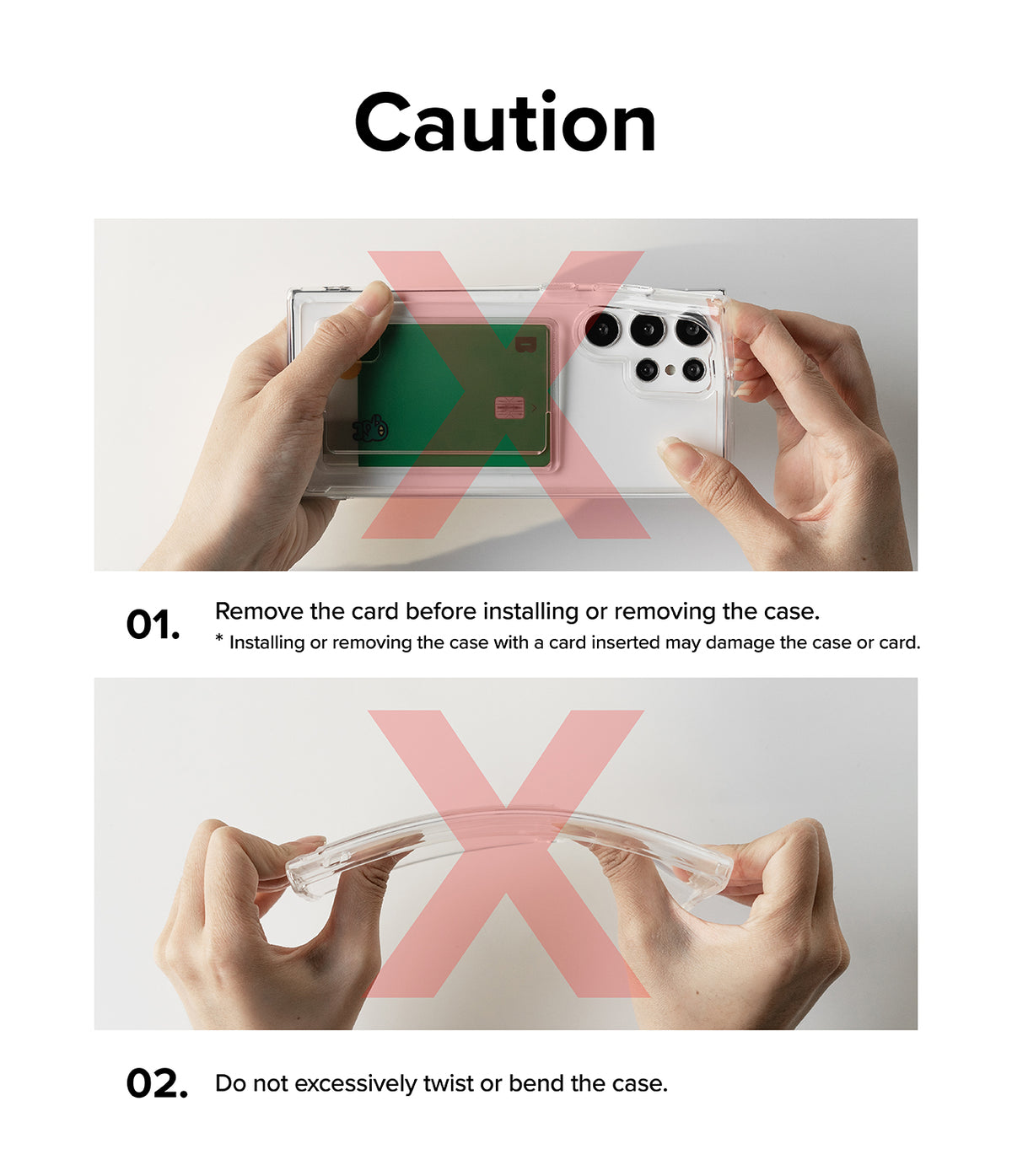 Galaxy S24 Plus Case | Fusion Card - Caution graphic showing hands removing a card and avoiding bending the phone case.