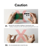 Galaxy S24 Case | Fusion Card - Caution graphic showing hands removing a card and avoiding bending the phone case.