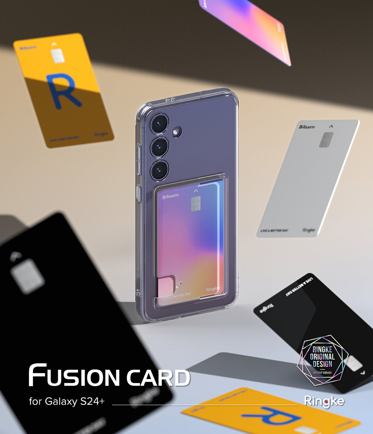 Galaxy S24 Case | Fusion Card - Clear phone case holding a gradient card, surrounded by floating credit cards.