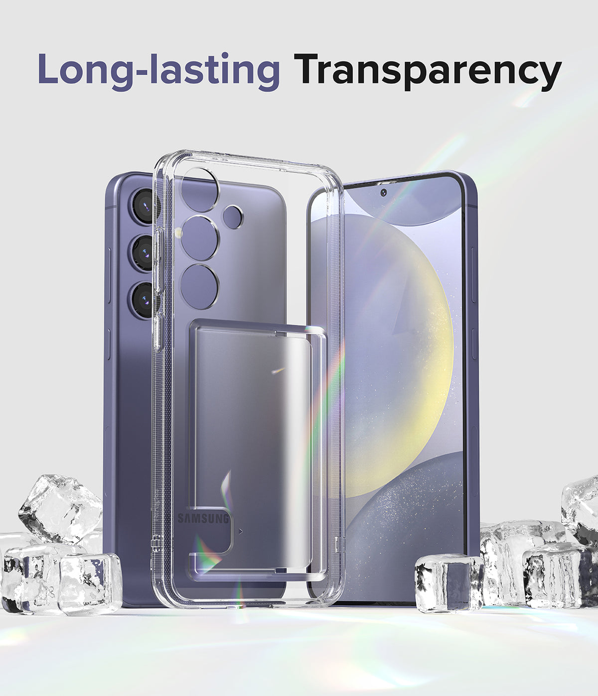 Galaxy S24 Plus Case | Fusion Card - Clear phone case with card slot floating in front of a purple Galaxy S24 Plus.