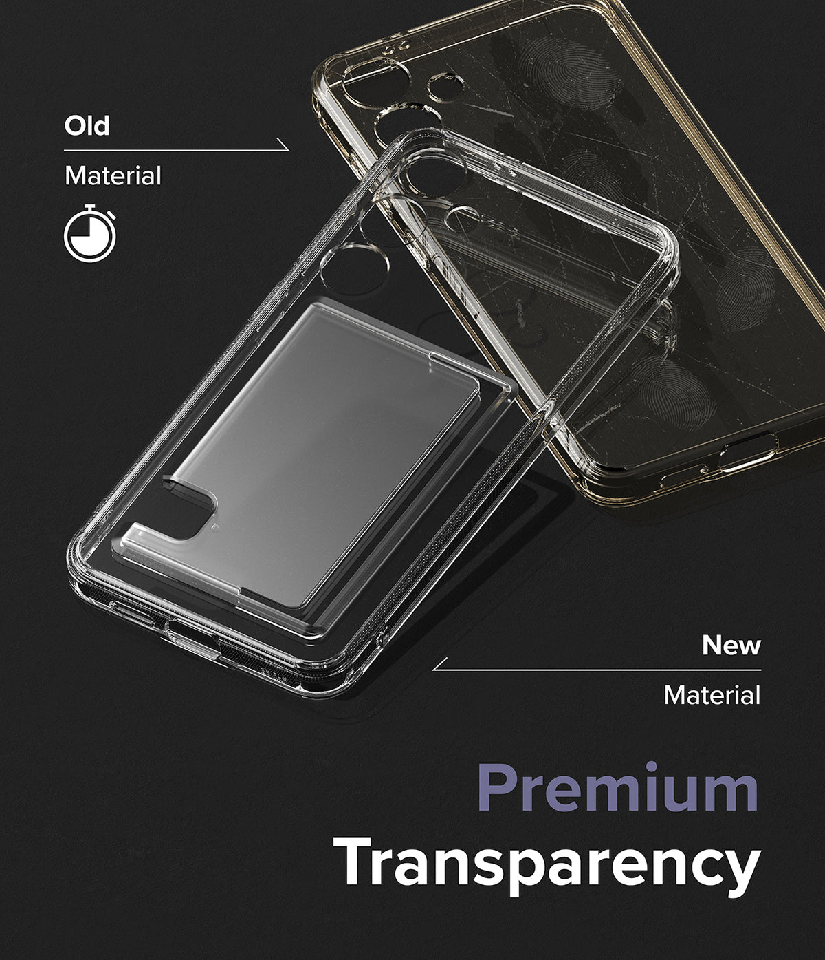 Galaxy S24 Case | Fusion Card - Comparison of a yellowed old phone case and a clear new premium material case.