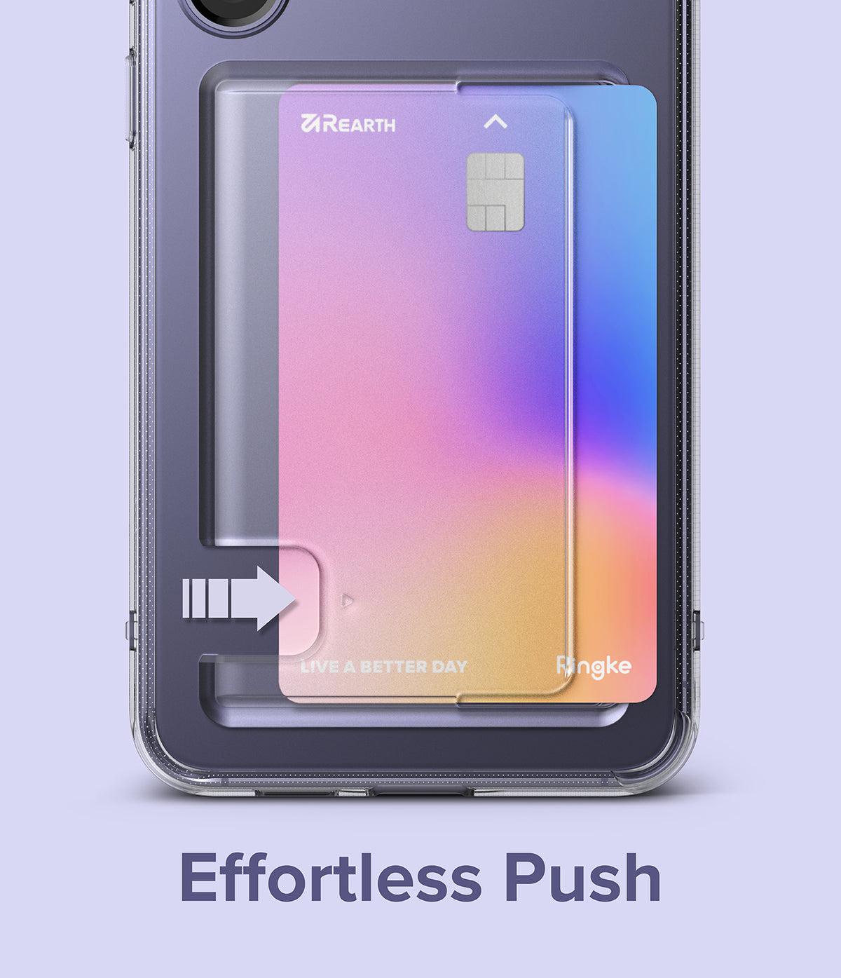 Galaxy S24 Plus Case | Fusion Card - Clear phone case with a gradient card slot and an arrow icon showing card removal.