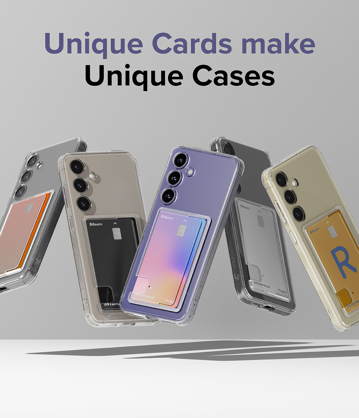 Galaxy S24 Plus Case | Fusion Card - Five clear phone cases with different colored cards inserted in back slots.
