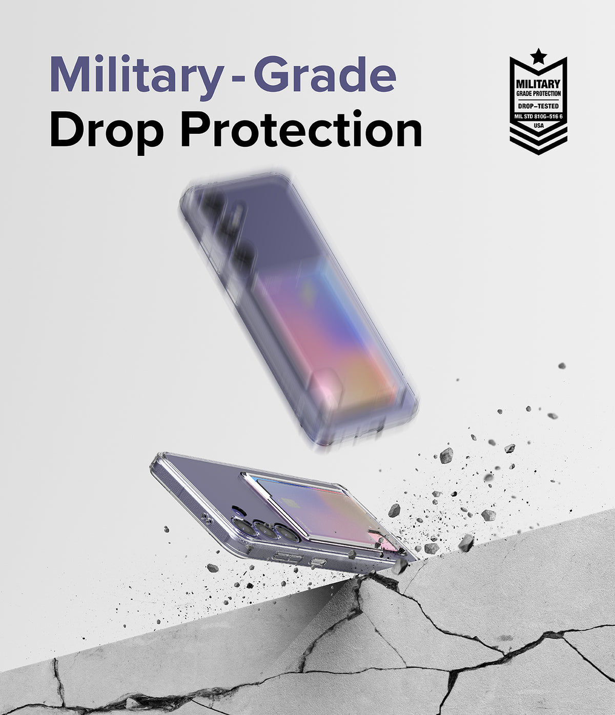 Galaxy S24 Case | Fusion Card - Galaxy S24 phone in a clear card case hitting a concrete surface with military-grade drop protection.