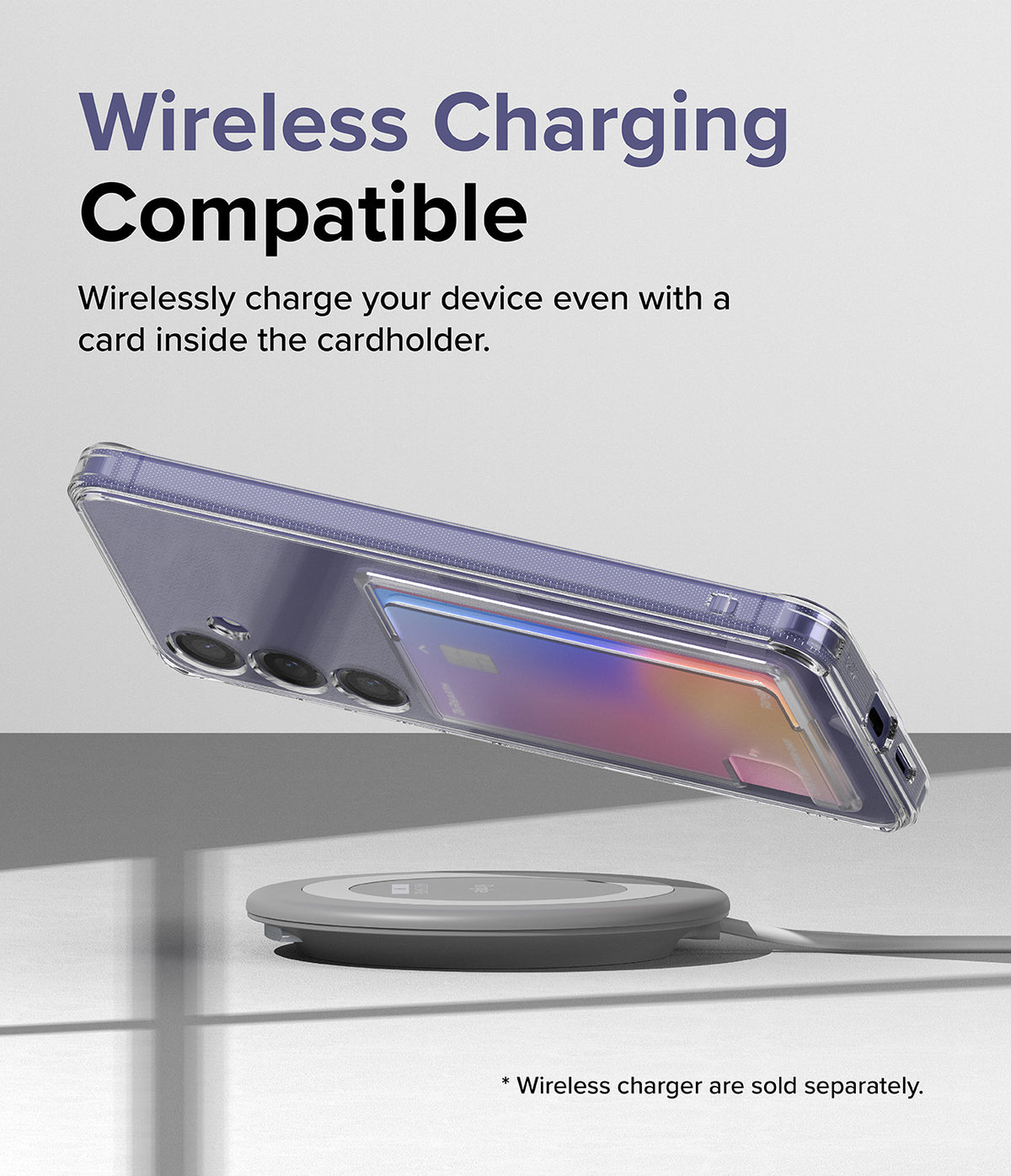 Galaxy S24 Plus Case | Fusion Card - A clear phone case with a credit card inside hovering above a wireless charging pad.