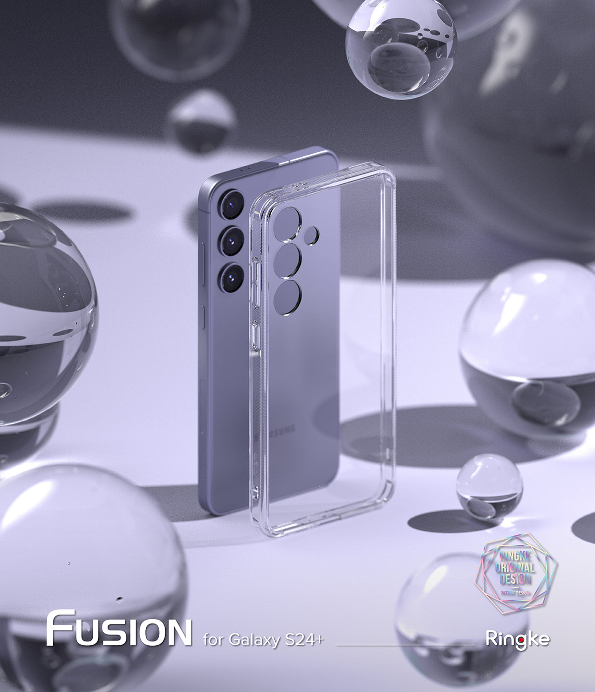 Galaxy S24 Plus Case | Fusion - A purple Galaxy S24+ phone beside a clear Fusion case, surrounded by floating glass spheres.