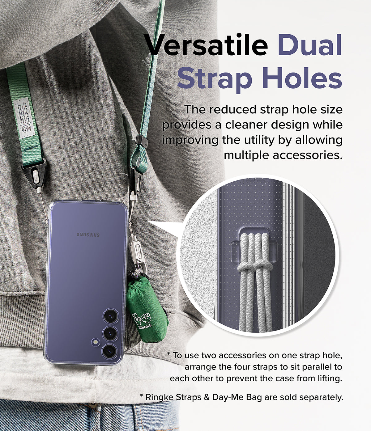 Galaxy S24 Plus Case | Fusion - A phone in a clear case with dual strap holes attached to multiple accessories.