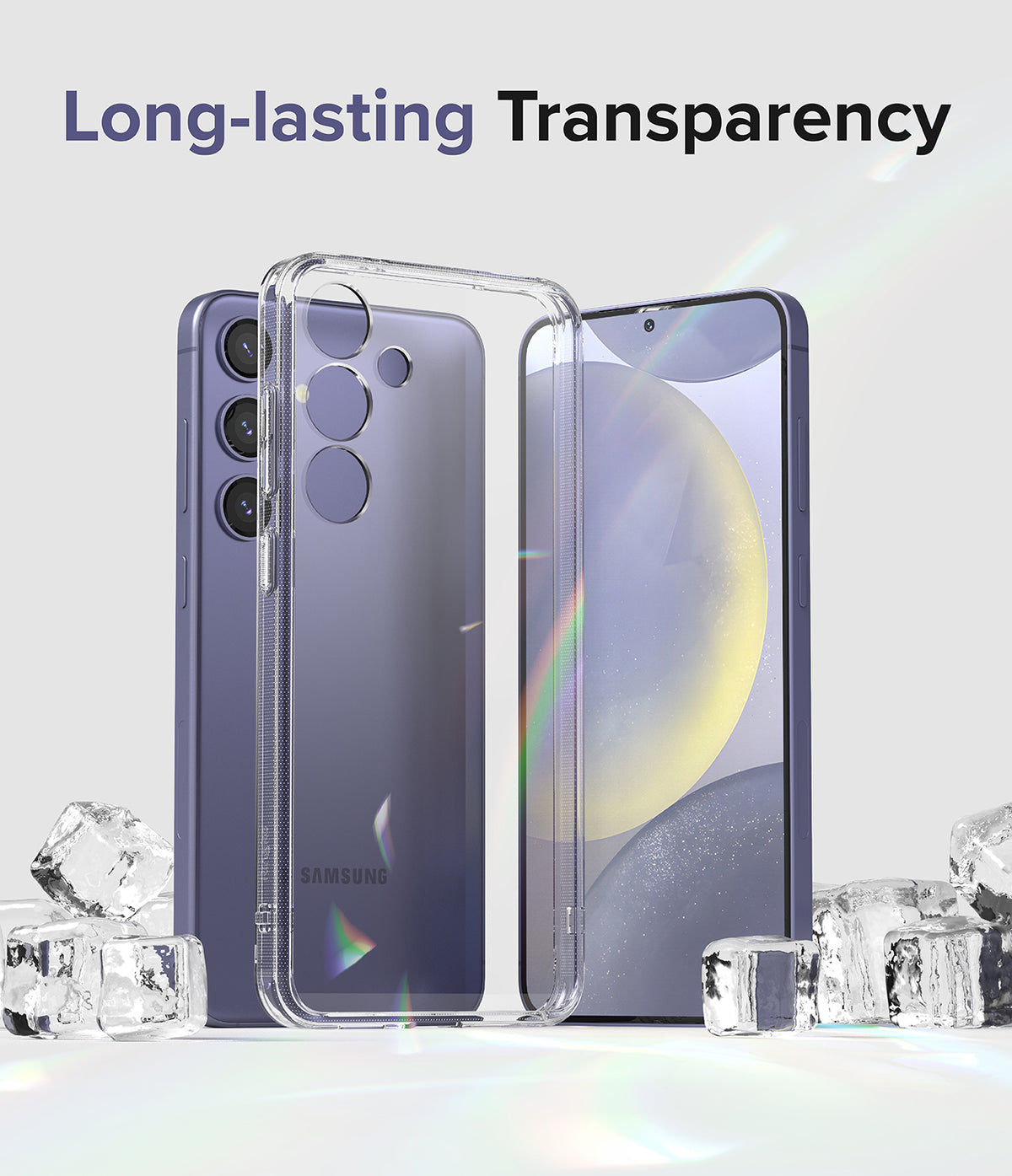 Galaxy S24 Plus Case | Fusion - Clear phone case hovering in front of a purple Galaxy S24 Plus surrounded by ice cubes.