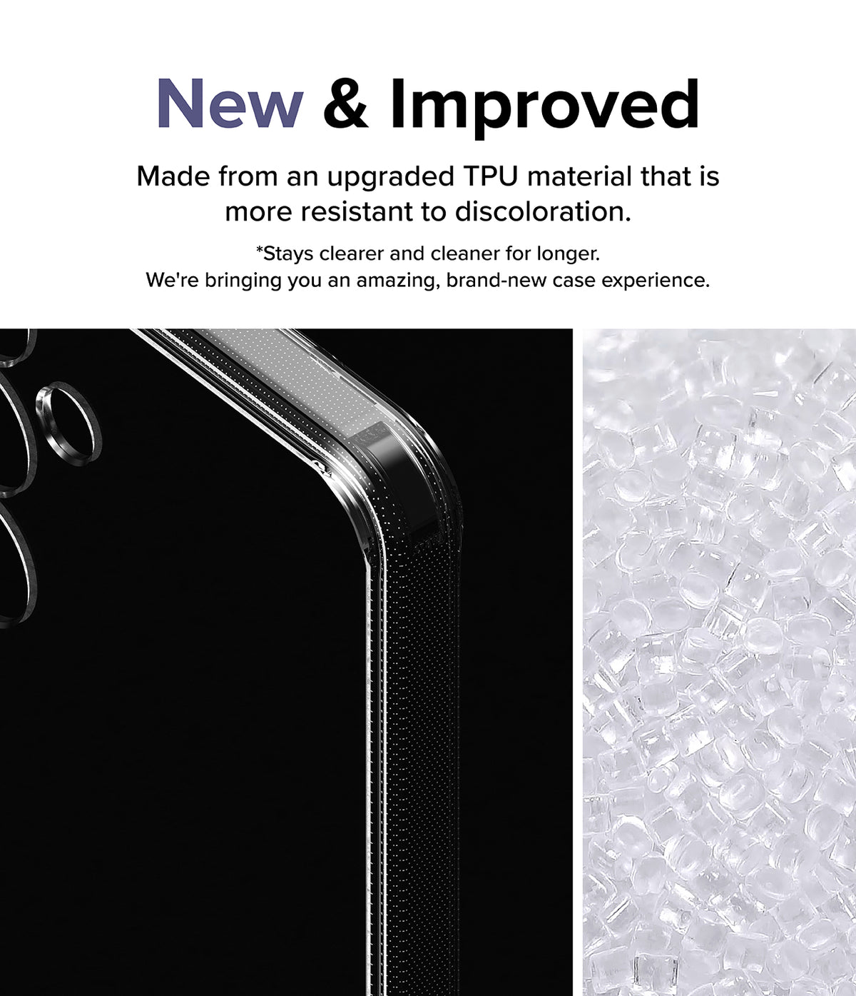 Galaxy S24 Plus Case | Fusion - Clear phone case corner detail next to a pile of raw TPU plastic pellets.