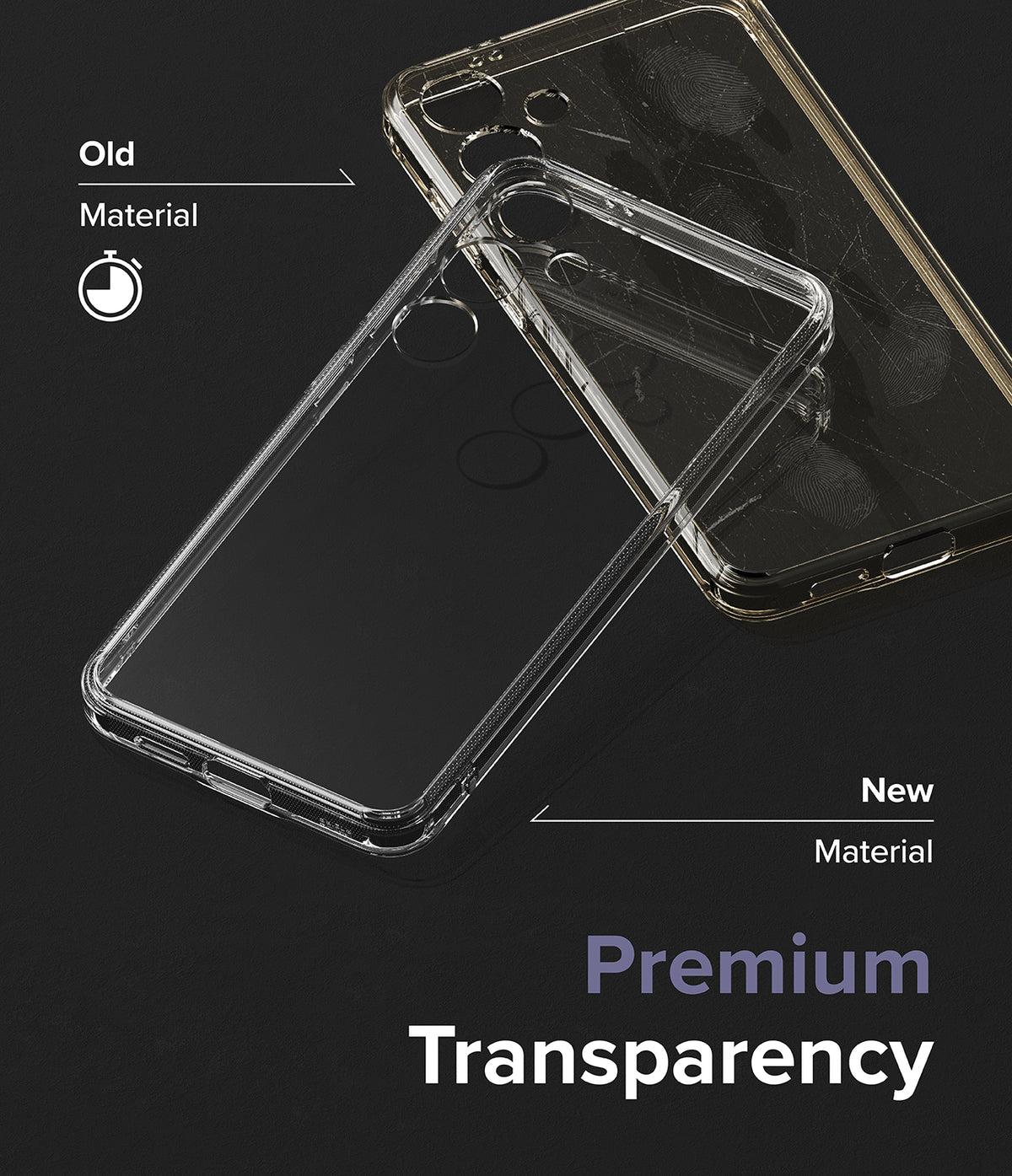 Galaxy S24 Plus Case | Fusion - Comparison of a yellowed old phone case and a clear new premium material case.