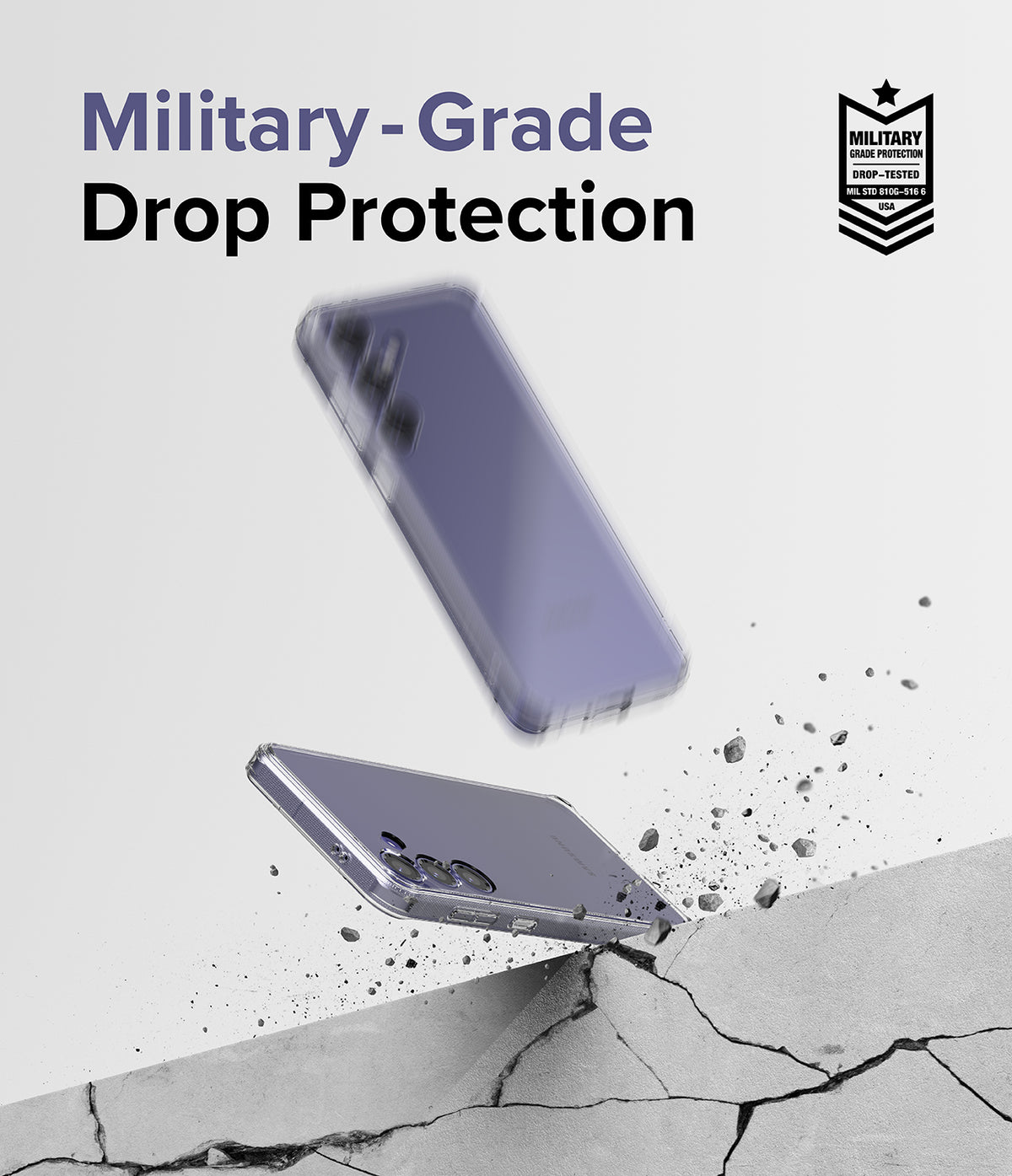 Galaxy S24 Plus Case | Fusion - A purple phone in a clear case impacting a concrete surface with debris and military-grade badge.