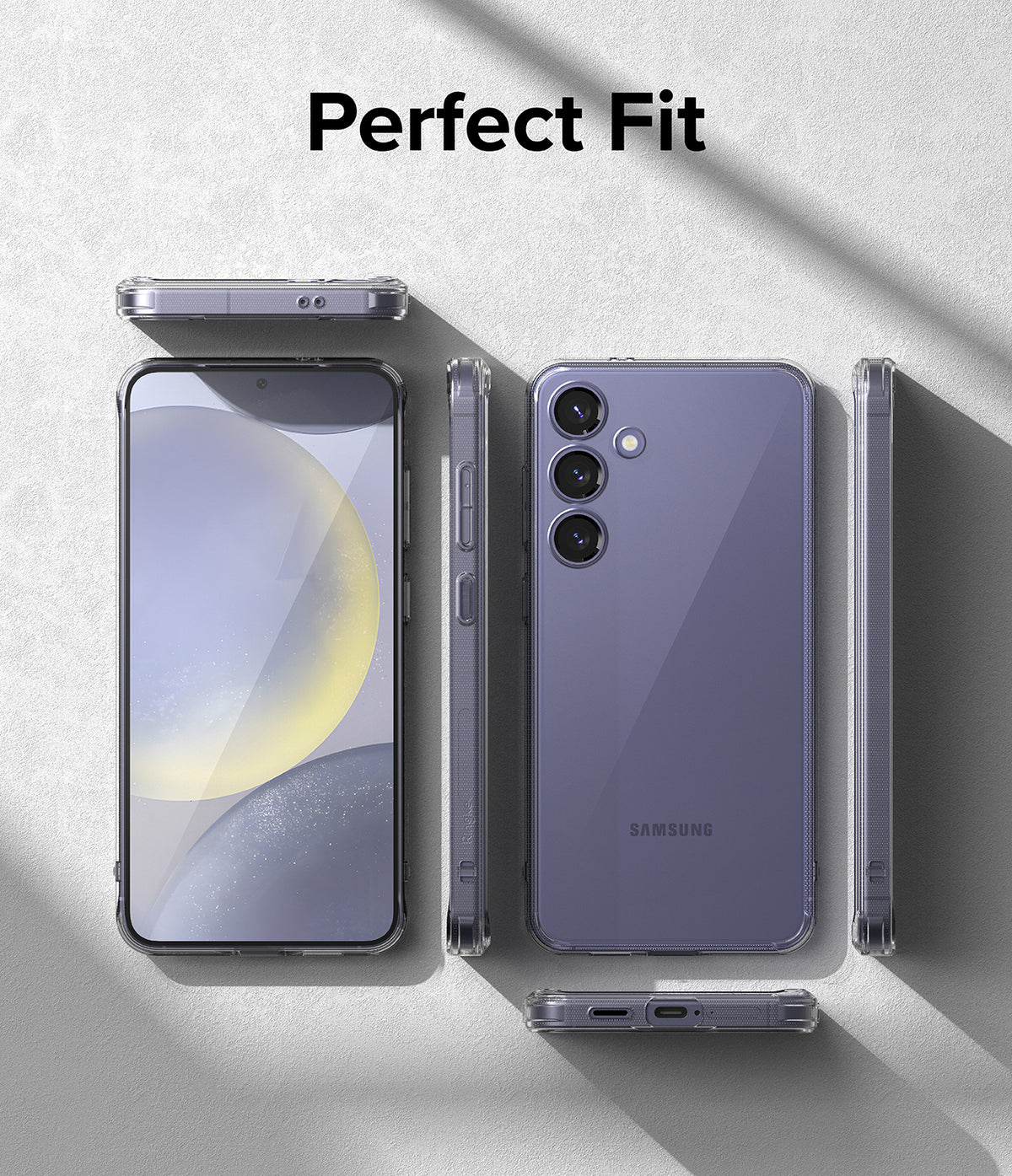 Galaxy S24 Plus Case | Fusion - A purple Galaxy S24 Plus in a clear case shown from front, back, and side angles.