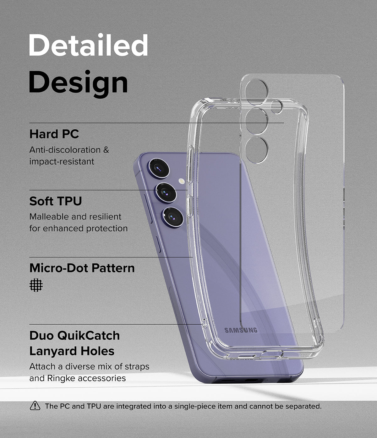 Galaxy S24 Plus Case | Fusion - Exploded view of a clear phone case highlighting PC, TPU, micro-dot pattern, and lanyard holes.