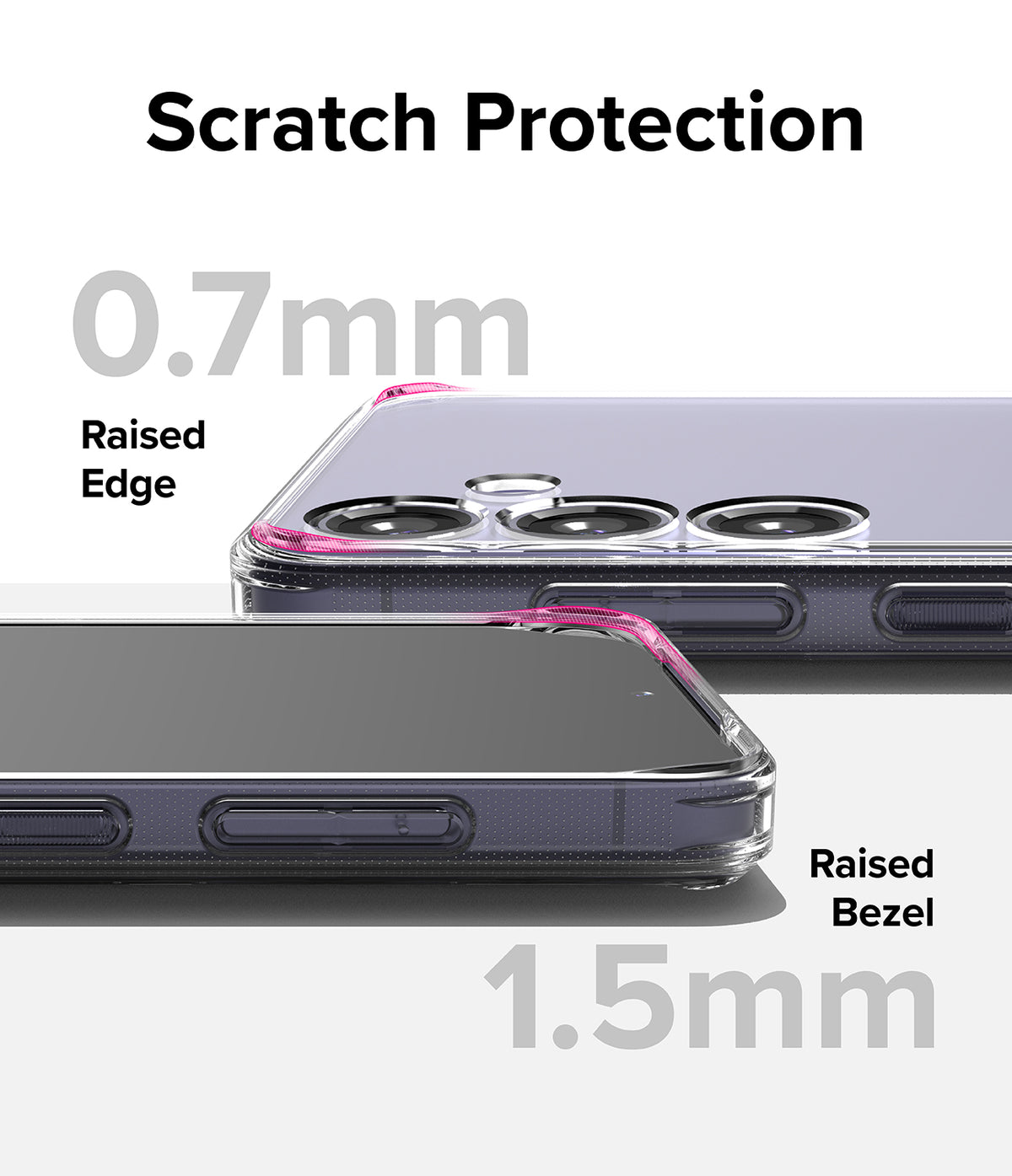 Galaxy S24 Plus Case | Fusion - Clear phone case showing 0.7mm raised camera edges and 1.5mm raised screen bezels for protection.