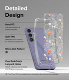 Galaxy S24 Plus Case | Fusion Design - Exploded view of a floral phone case over a purple Galaxy S24 Plus with labels.
