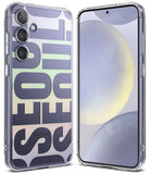 Galaxy S24 Plus Case | Fusion Design - Clear phone case with a pastel gradient and large SEOUL typography on the back.