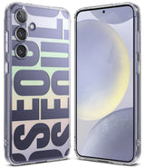 Galaxy S24 Plus Case | Fusion Design - Clear phone case with a pastel gradient and large SEOUL typography on the back.